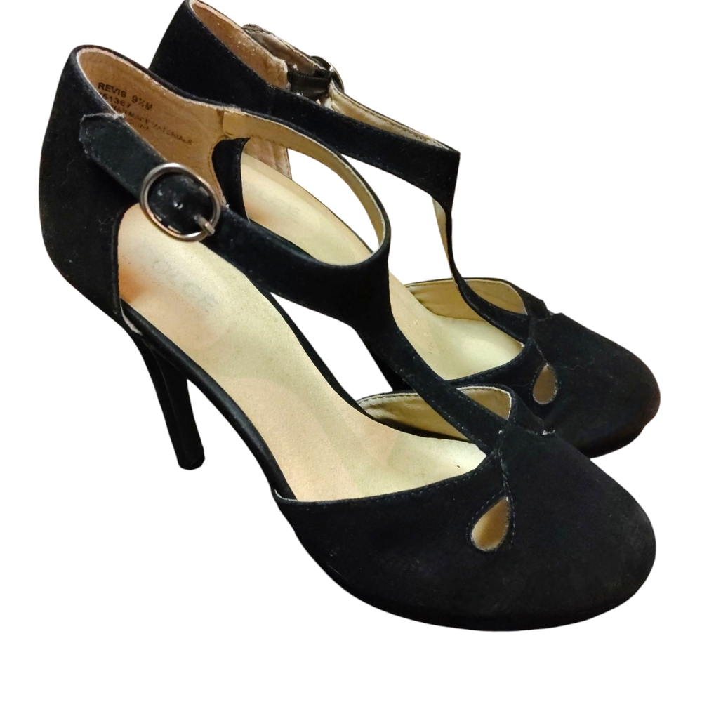 Open Box Dolce By Mojo Moxy Black Suede Round T-strap Platform Heels 9.5